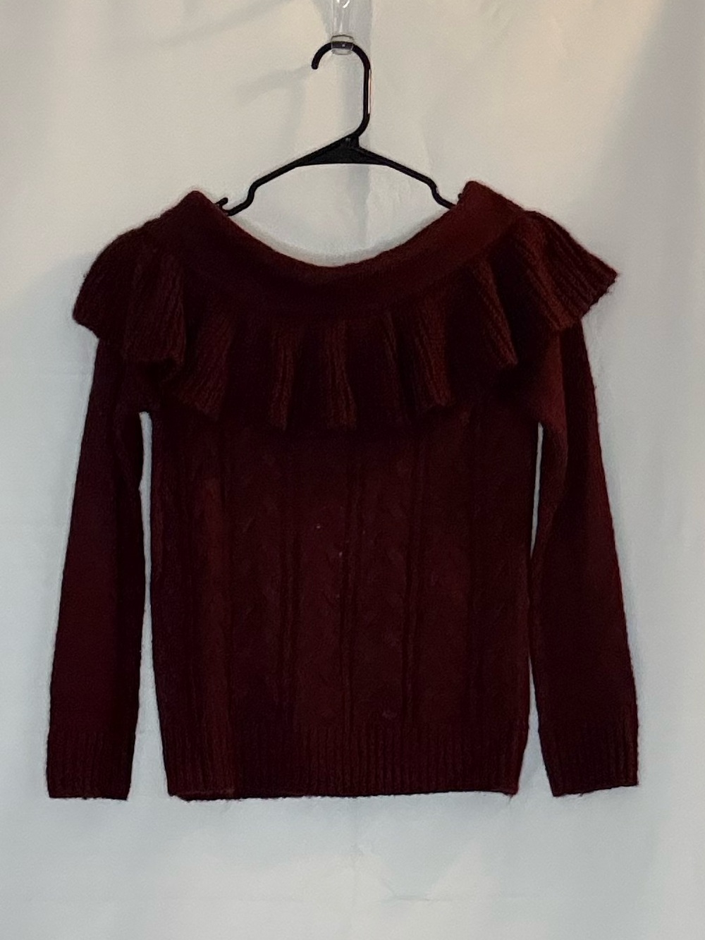 Wayf Off-the-Shoulder Ruffle Cable-Knit Sweater in Burgundy